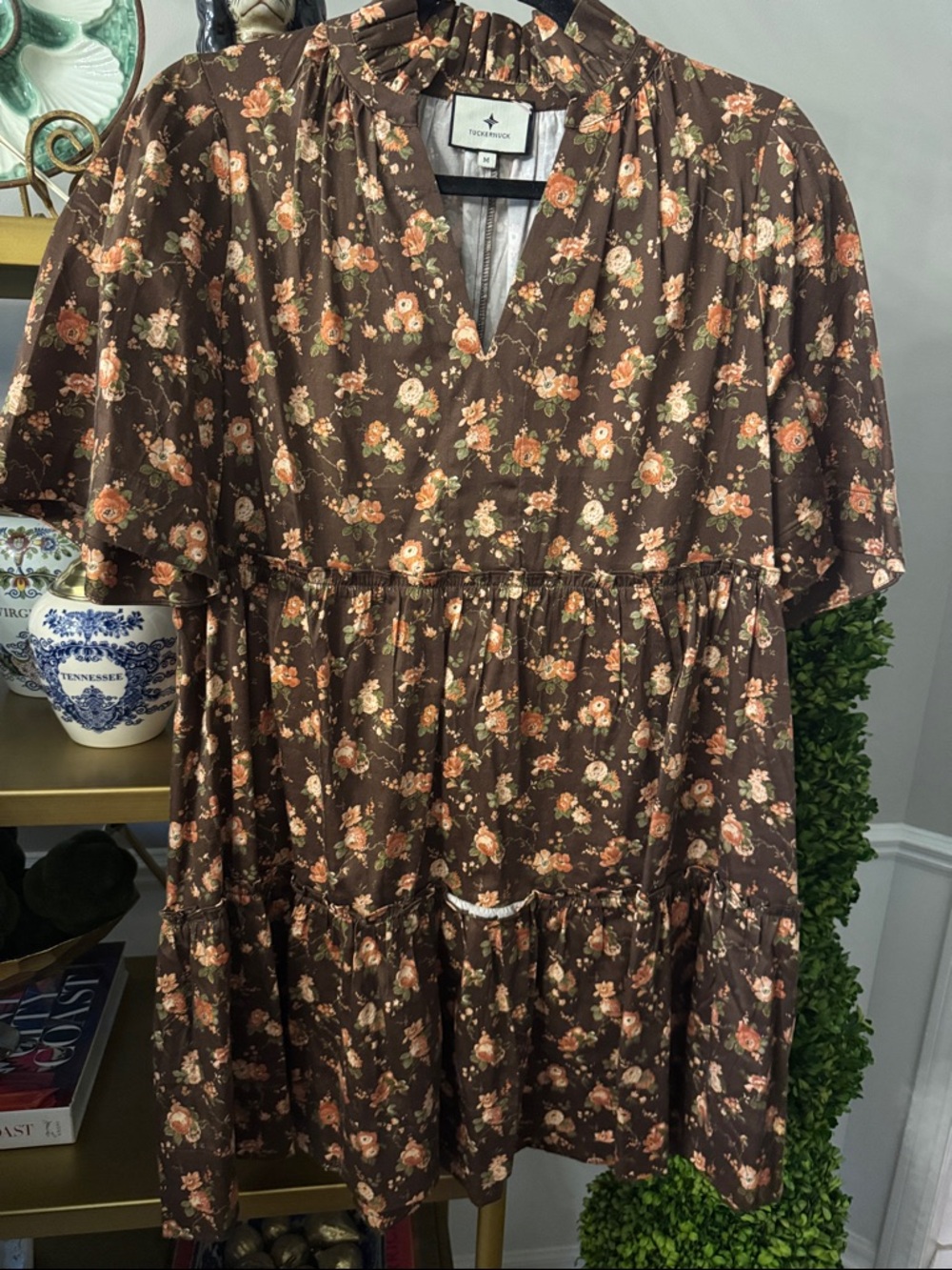 Tuckernuck Brown Floral Ruffled Neckline Blouse
